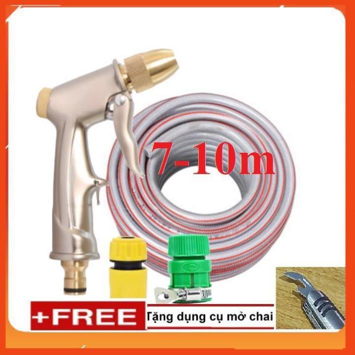 Bộ dây vòi xịt nước rửa xe, tưới cây . tăng áp 3 lần, loại 7m, 10m 206701-1 đầu đồng, cút, + tặng mở chai