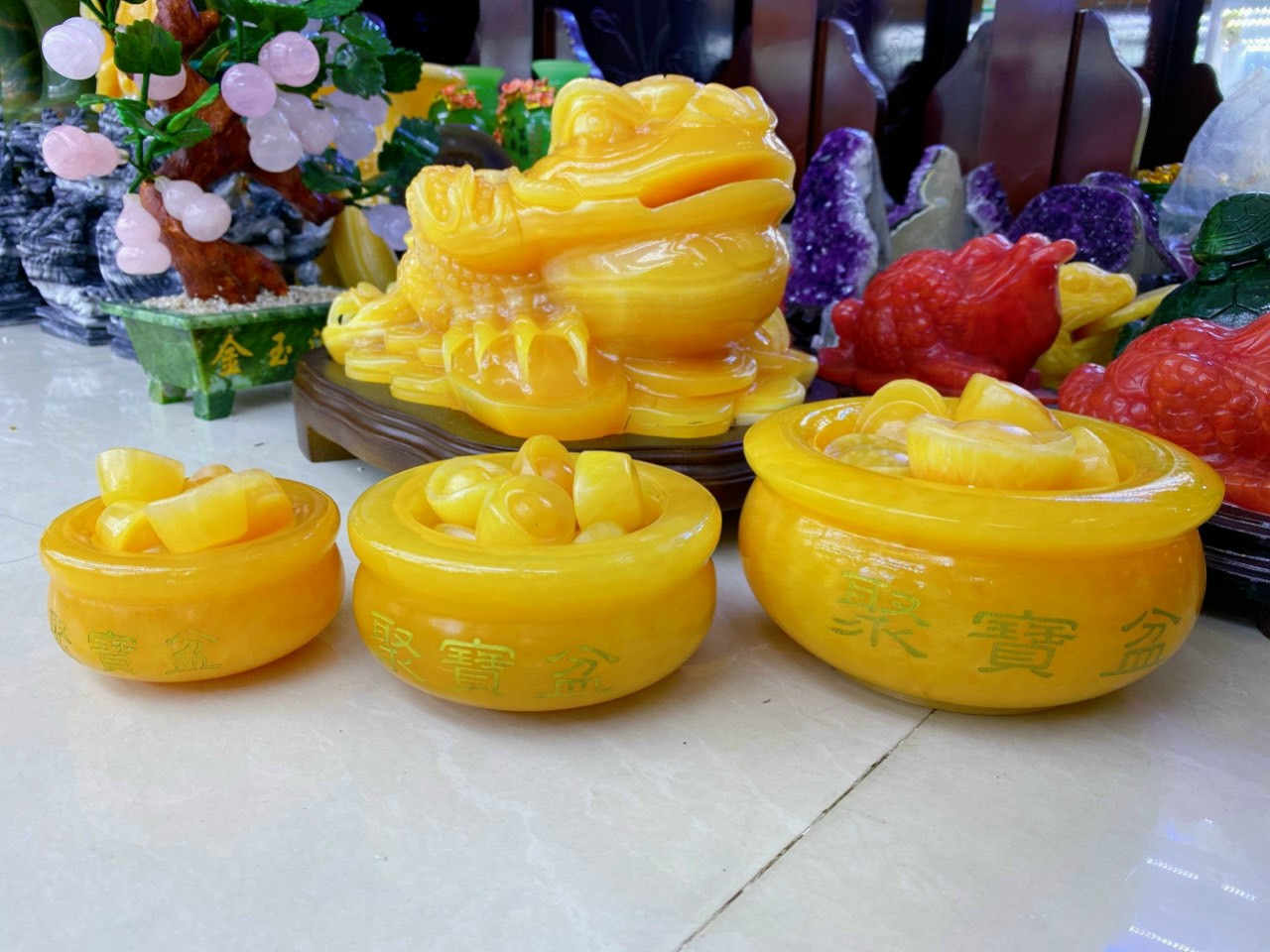 Bát Tụ Bảo ngọc Hoàng Long kèm chân đế gỗ - chiêu tài nạp lộc tặng kèm 10 thỏi vàng lưu ly 1.5cm