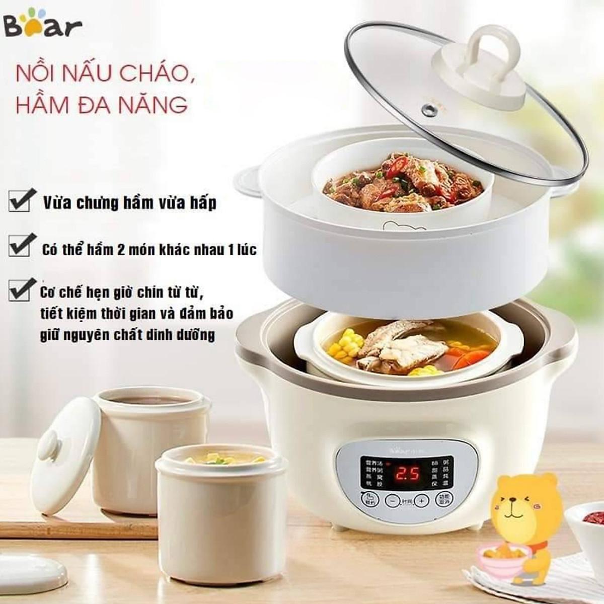 Nồi Ninh Hầm, Nấu Cháo, Chưng Yến, Nấu Cháo Chậm Đa Năng ( Hấp + Nấu ) 2 Tầng. Tặng Kèm Lồng Hấp + 2 Nồi Sứ 500ml