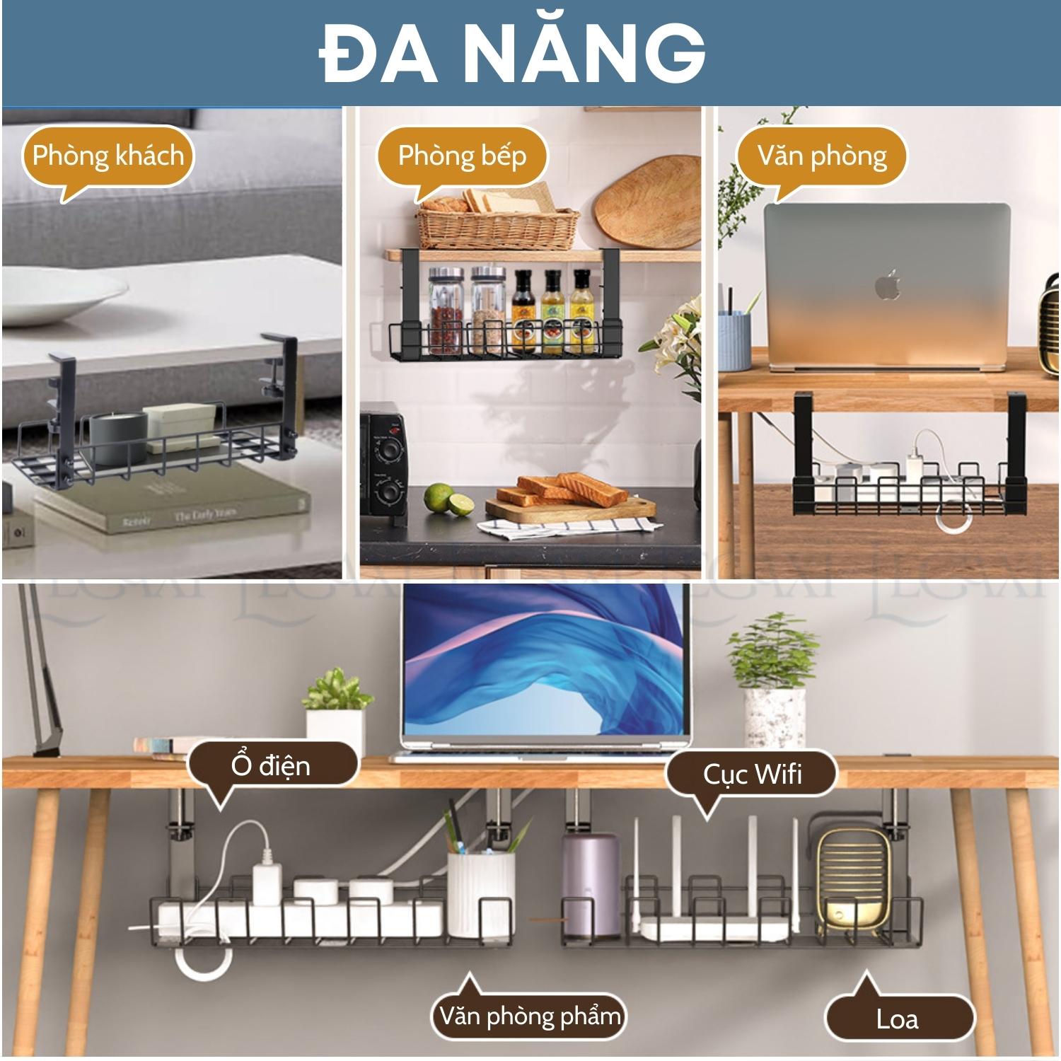 Khay đỡ ổ điện dây điện gắn dưới bàn kệ bằng kim loại thép không cần đục lỗ 38.5x13x16cm Legaxi