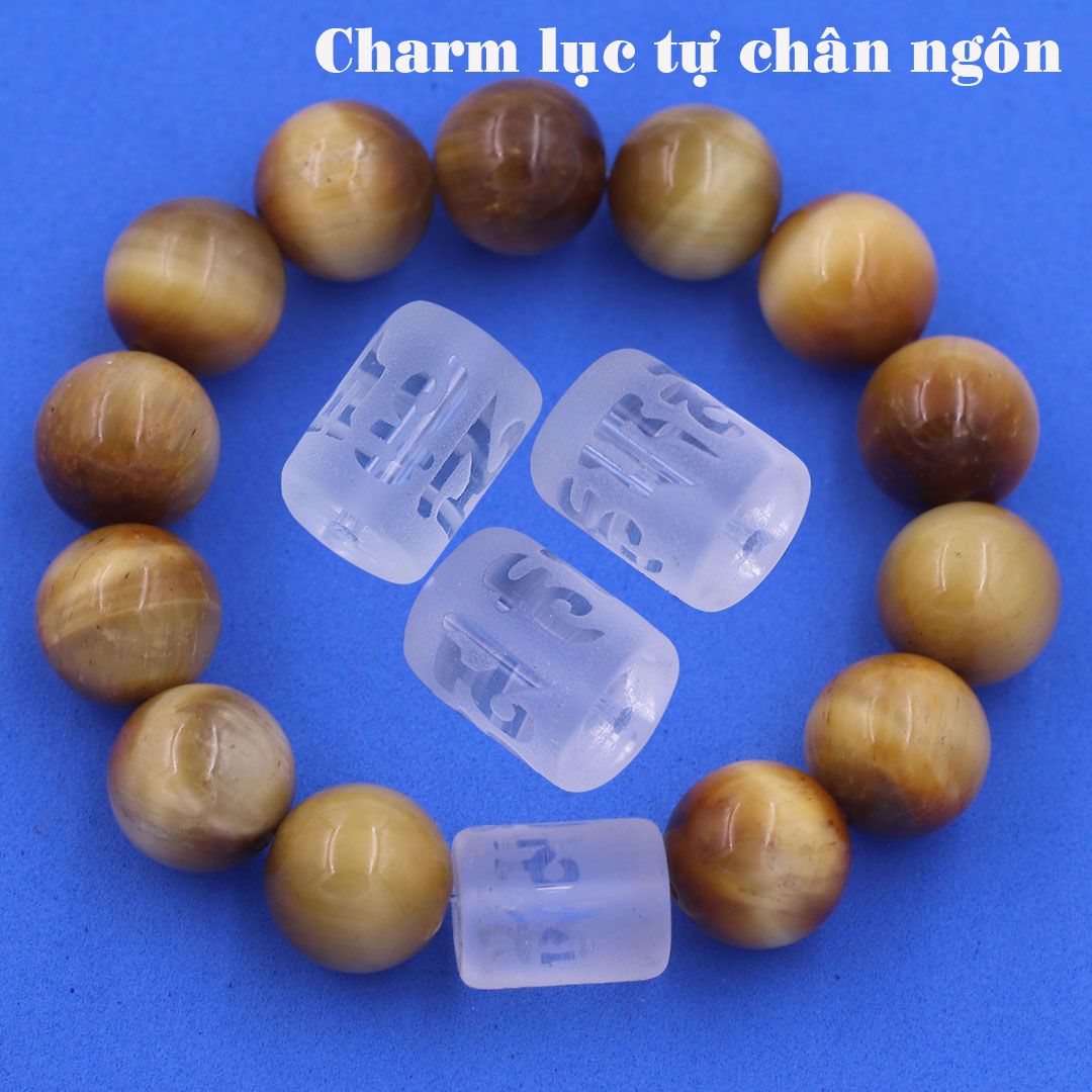 Vòng chuỗi đeo tay đá mắt hổ  charm lục tự Đại minh chân ngôn, 10 ly, Om Mani Padme Hūm, Chân ngôn Lục tự