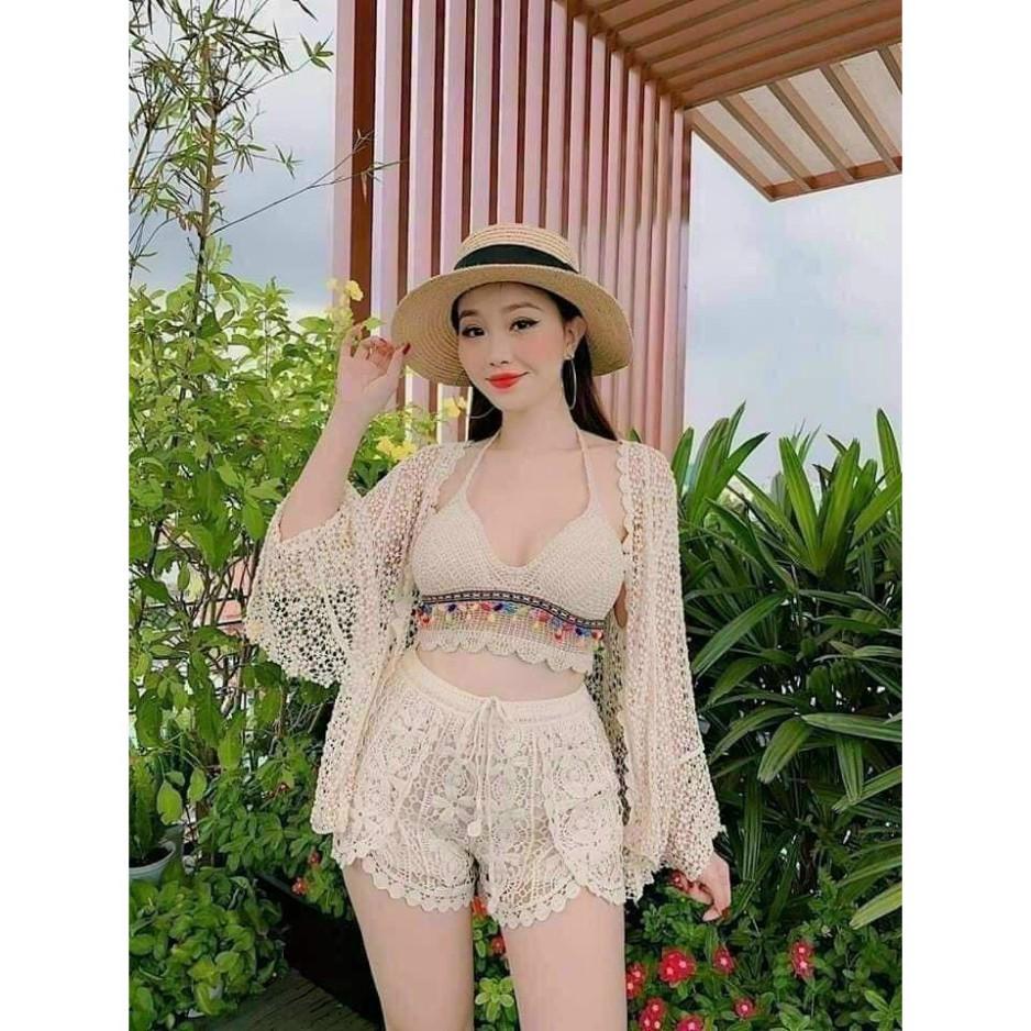 Set Đồ Nữ Set Bikini 3 Món Đi Biển Chất Ren Tông Nhẹ Trẻ Trung Kiểu Dáng Năng Động