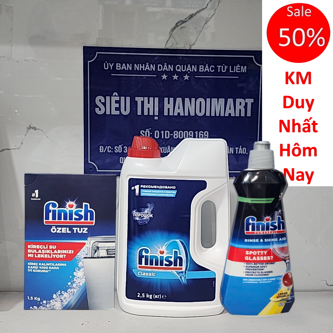 Combo rửa bát Finish Bột 2.5kg, Muối 1.2kg, Nước làm bóng 400ml