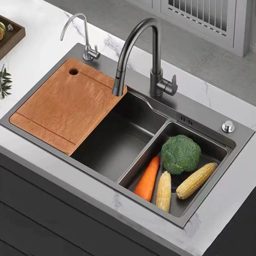 Chậu rửa chén inox 304 màu xám đen 1 ngăn rộng rãi