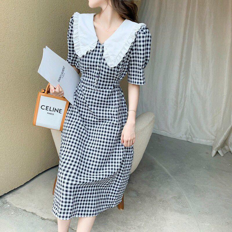 ĐẦM XÒE CARO CỔ SEN TRẮNG
