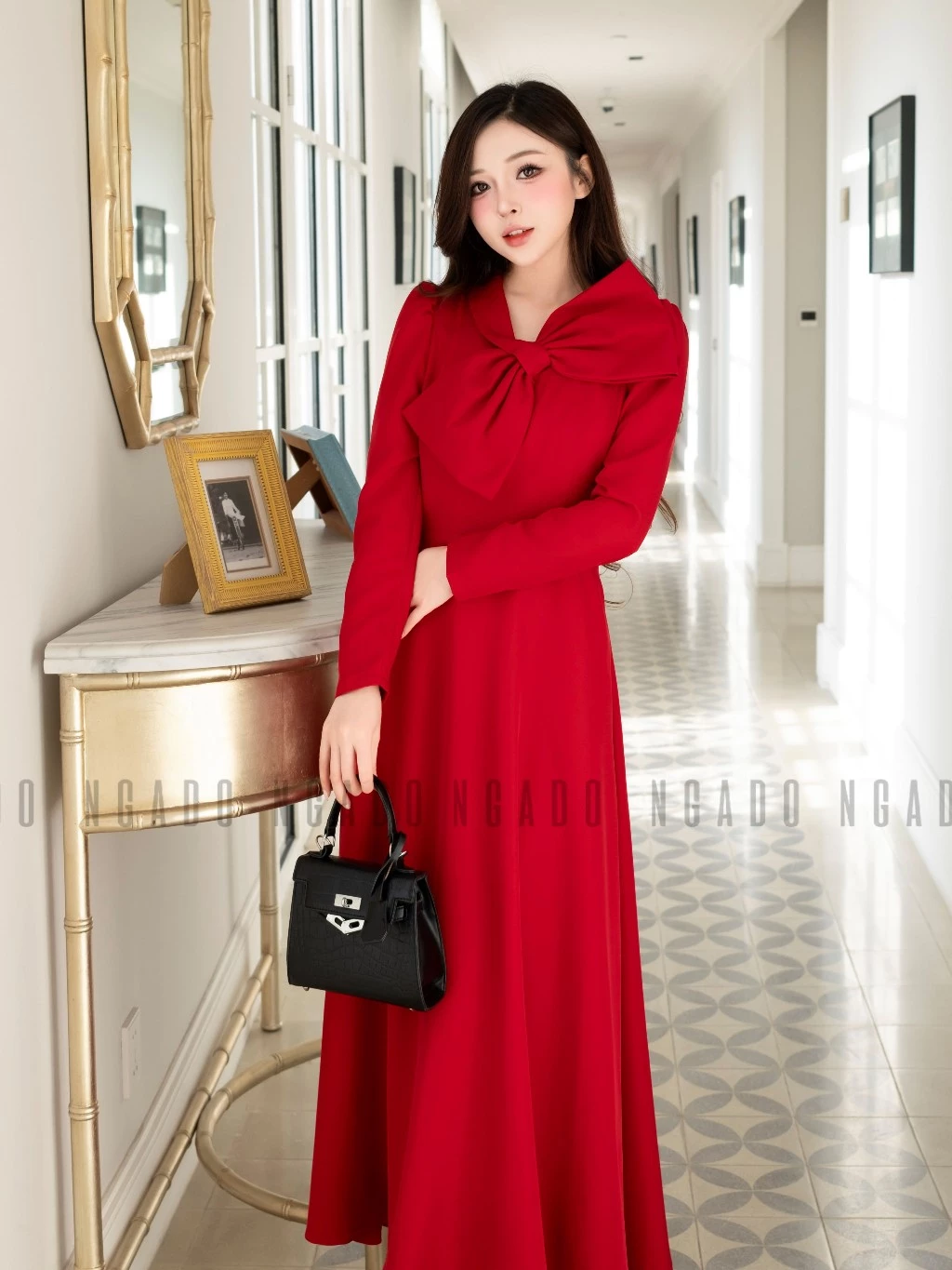 Đầm đỏ cổ phối nơ NGADO , đầm dự tiệc dáng dài