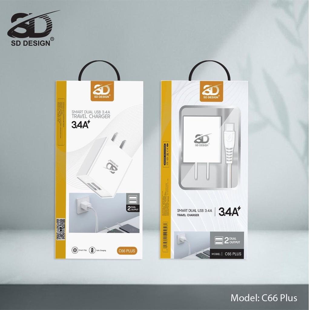 Bộ Củ Sạc Nhanh 3.4A C66 Plus 2 cổng Usb SD DESIGN hỗ trợ cho Iphone, Samsung, Xiaomi, Oppo