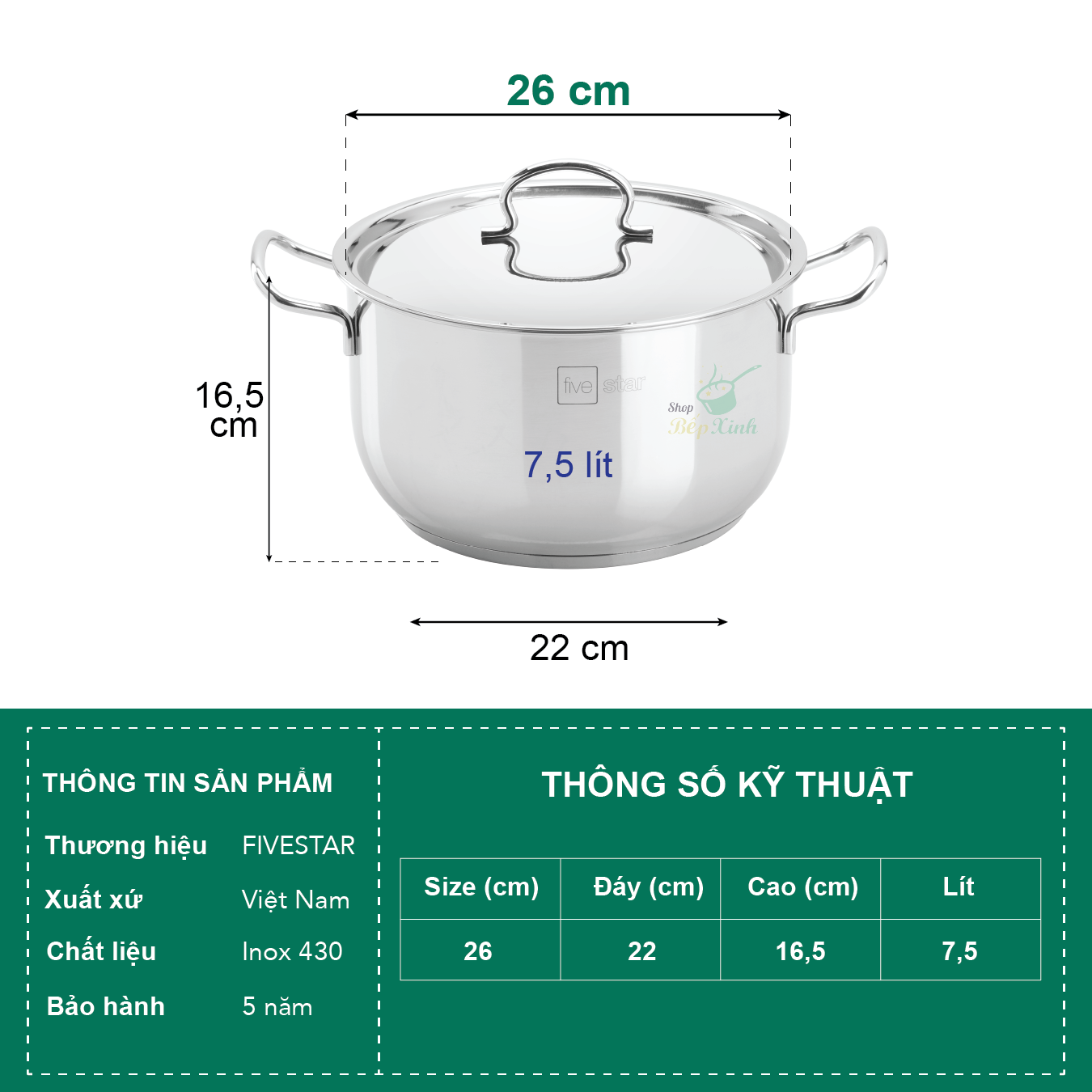 Nồi luộc gà inox 430 cao cấp Fivestar 3 đáy dùng được bếp từ , gas , hồng ngoại , tặng 2 muỗng canh