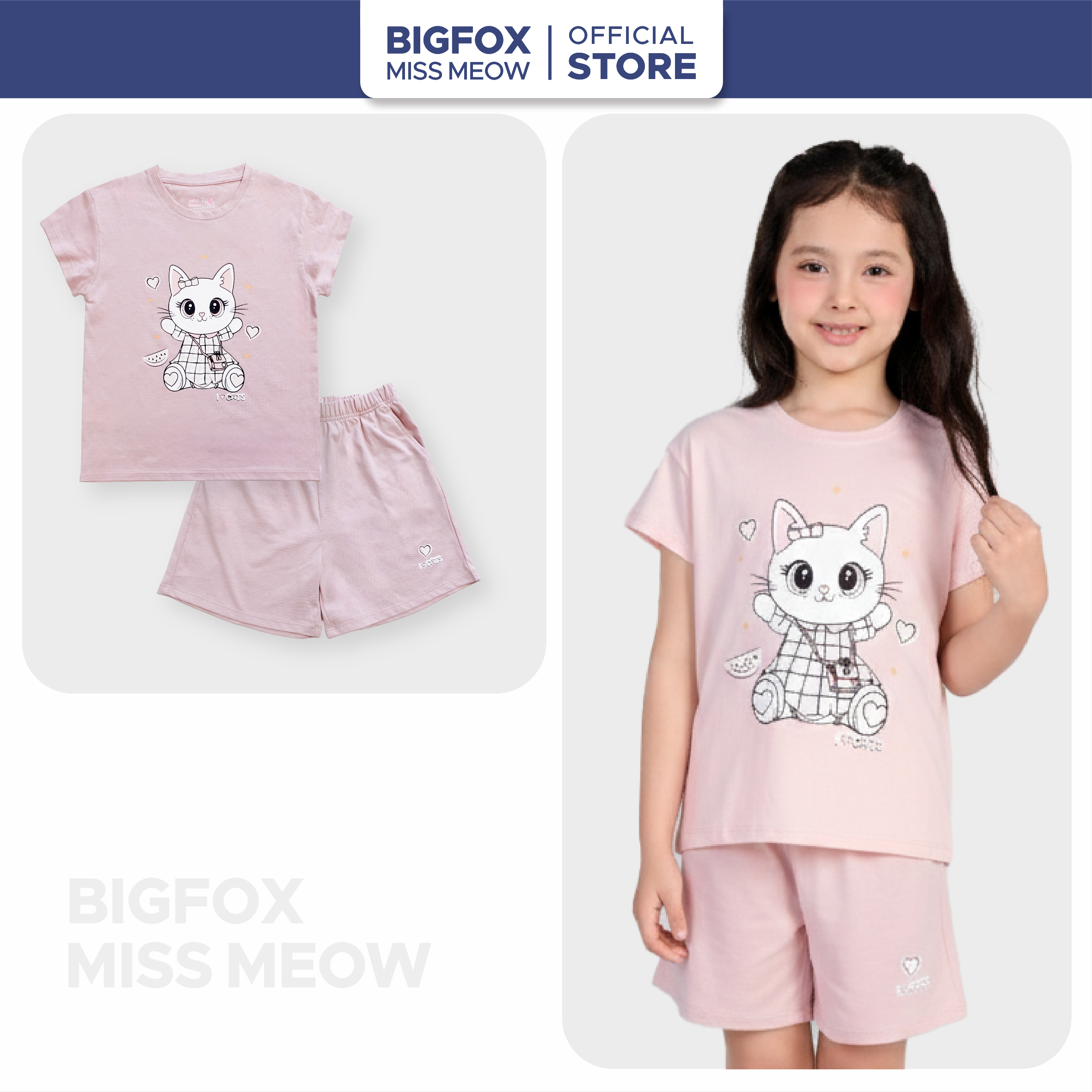 Bộ đồ cộc tay cho bé gái Bigfox Miss Meow size đại mặc nhà mùa hè vải cotton mềm cỡ trẻ em 3-11 tuổi