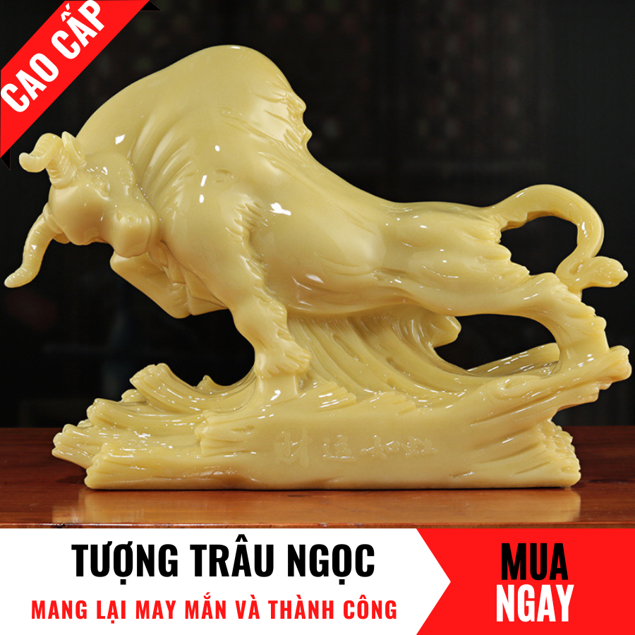 Tượng Trâu Trang Trí Phong Thủy Bằng Đá Hoàng Ngọc Cao 24cm
