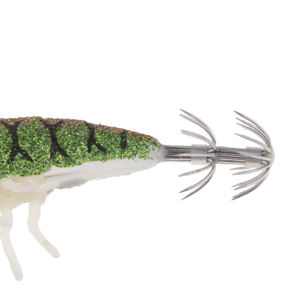 2pcs Glow In Dark Squid Jig Hooks Shrimp Fishing Lures W/ Luminous Soft Leg