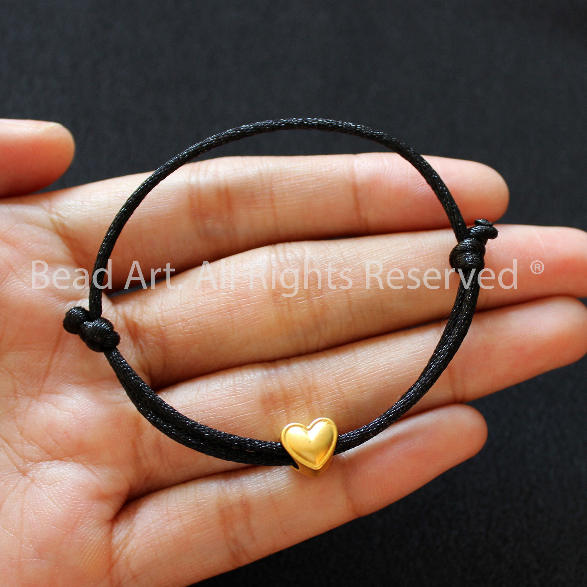 Vòng Tay Thắt Dây Đen Charm Trái Tim Mạ Vàng 24K Thủ Công Thổ Nhĩ Kỳ, Vòng Tay Phong Thuỷ - Bead Art