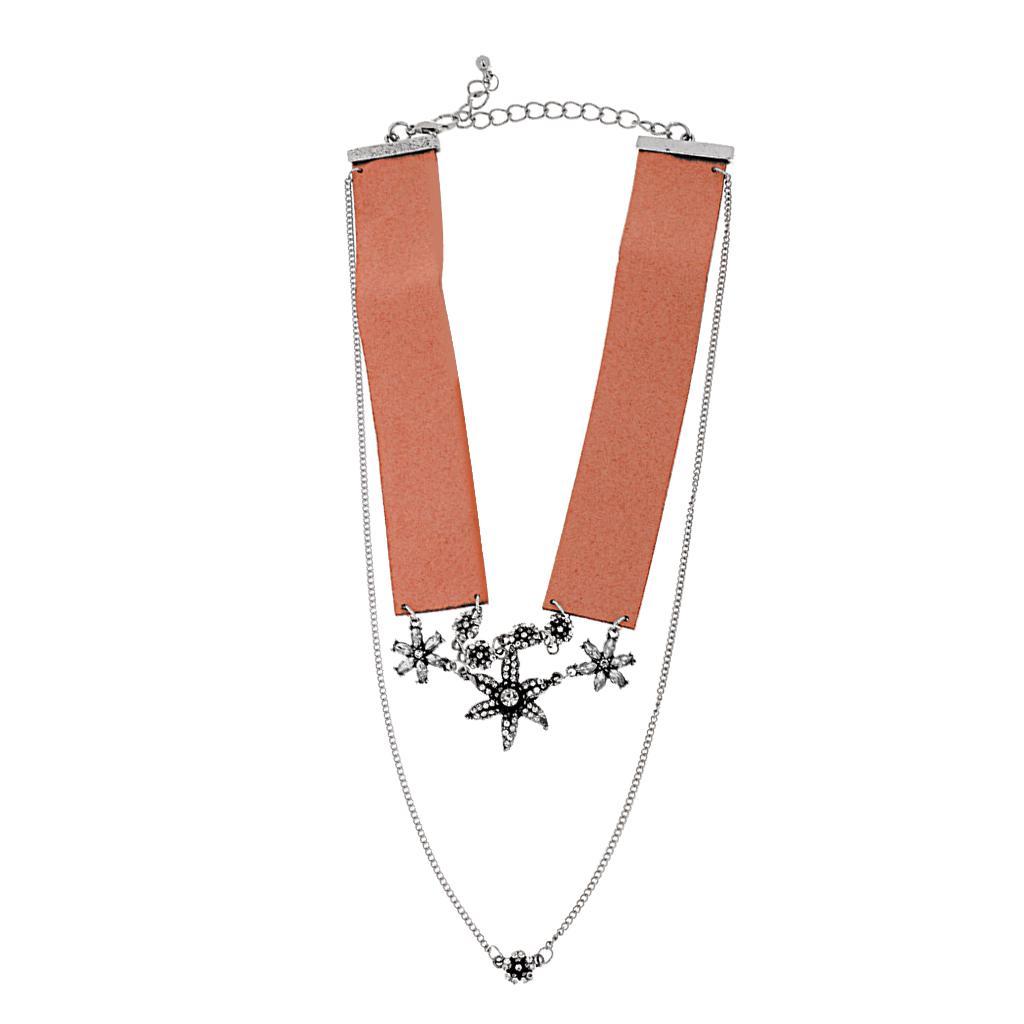 Women's Double Layers Crystal Rhinestone Flower Choker Chunky Necklace Pink