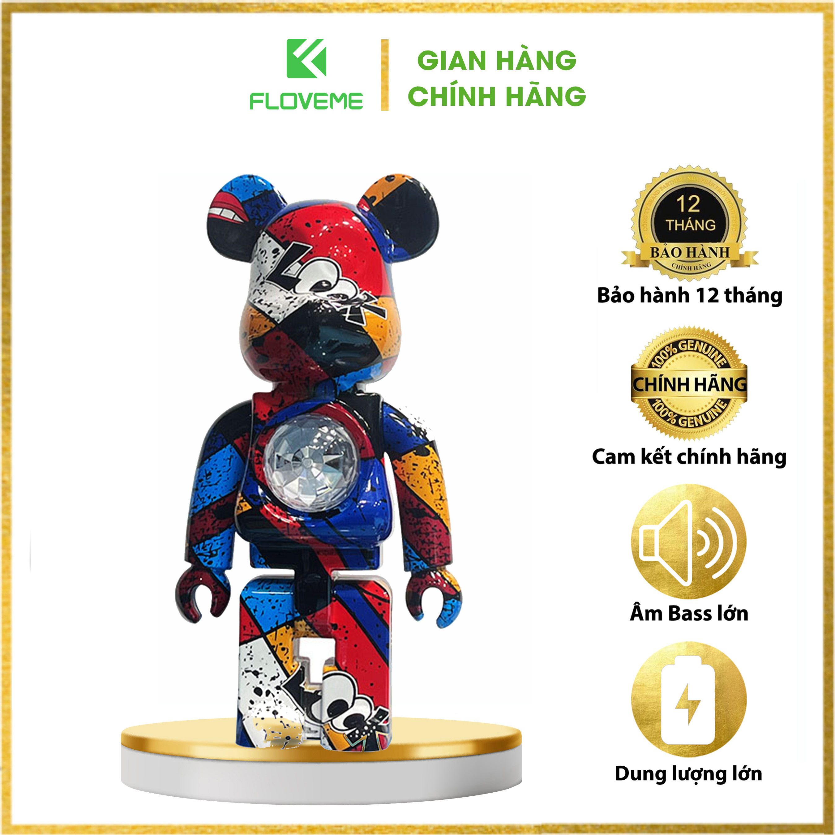 Loa Bluetooth Gấu Bearbrick Đèn Led Floveme Shen Lian, Nhỏ Gọn, Decor Bàn Làm Việc, Âm Thanh To Rõ Nét, Pin Dùng 3 - 5h - Hàng Chính Hãng