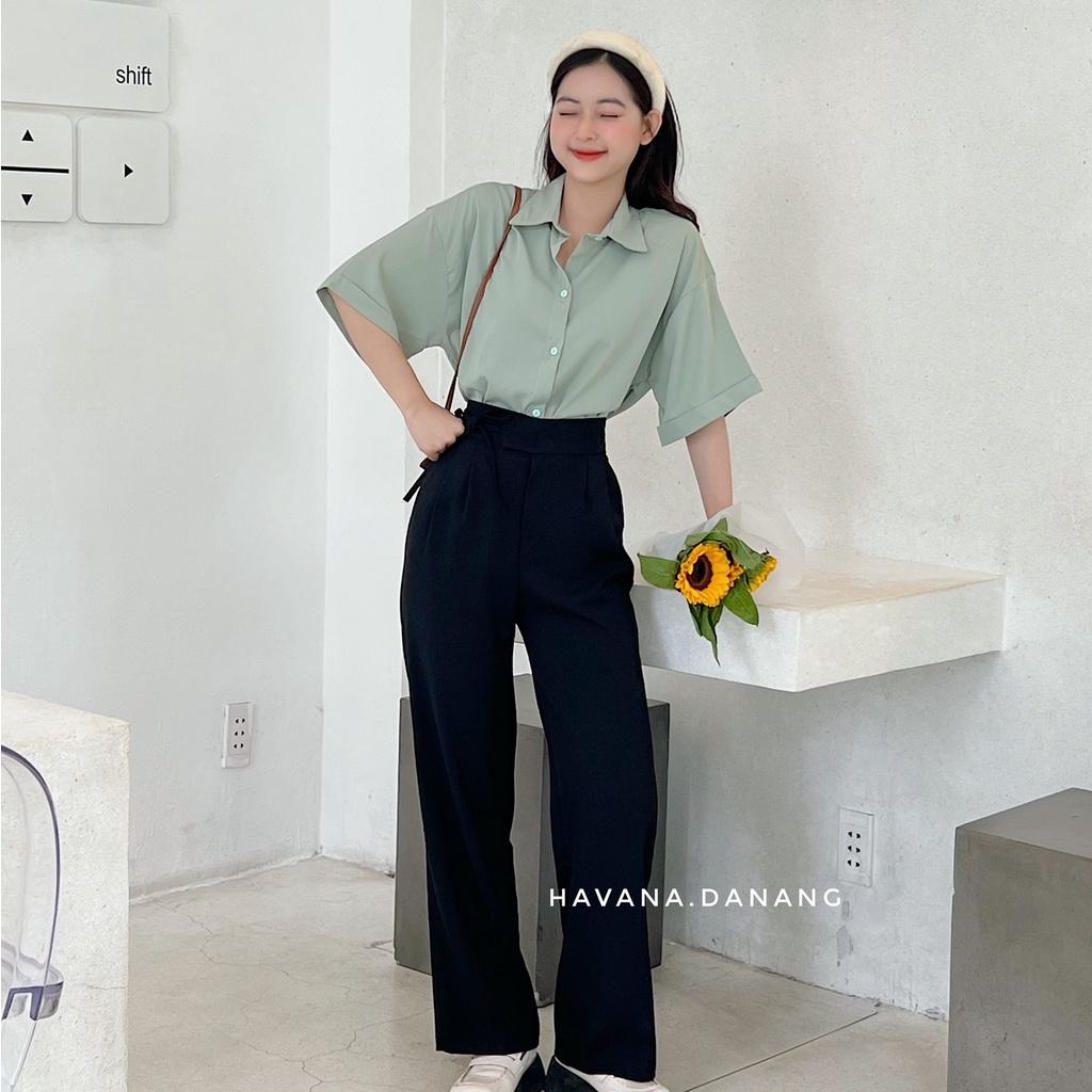 Quần ống rộng suông nữ, quần lưng cao dây buộc eo form suông ulzzang