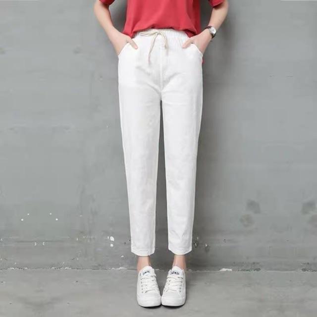 Quần baggy đũi xước cạp chun, Quần đũi nữ dài cạp chun