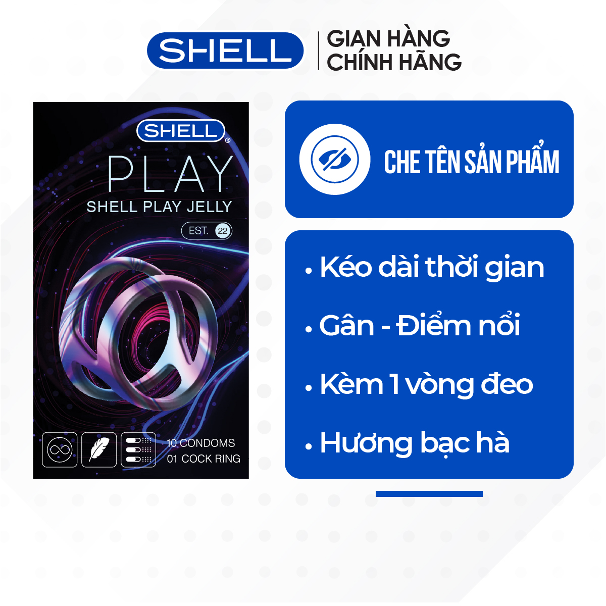 Bao cao su Shell Play Jelly 6 tính năng - Hộp 10 cái + 1 vòng đeo kéo dài thời gian | SHELL CHÍNH HÃNG