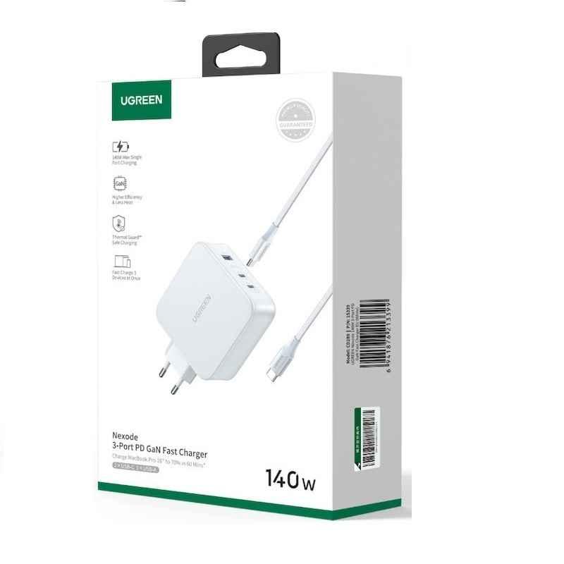 Ugreen UG15339CD289TK 140W 2c1a GaN Nexode kèm cáp USB-C dài 1.5M Bộ sạc nhanh 2 x USB-C + 1 x USB-A Màu Trắng - HÀNG CHÍNH HÃNG