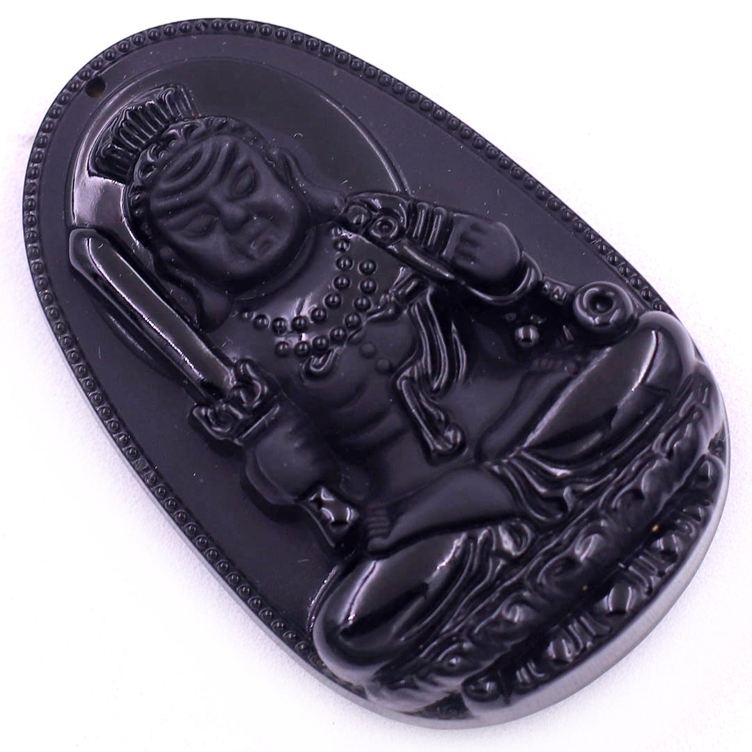 Mặt Phật Bất động minh vương đá thạch anh đen 5 cm kèm móc và vòng cổ dây cao su, Mặt Phật bản mệnh size L, mặt dây chuyền Phật