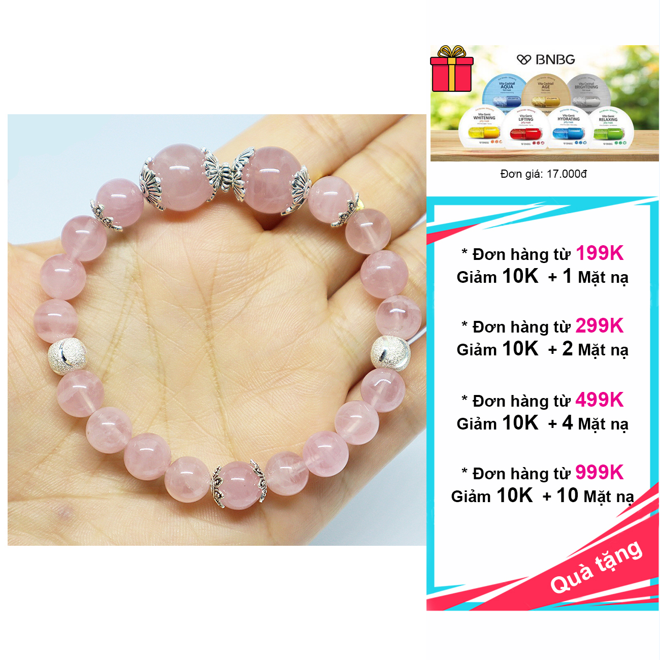Vòng đá thạch anh hồng 8mm, 12mm 4A charm bạc 925 cao cấp