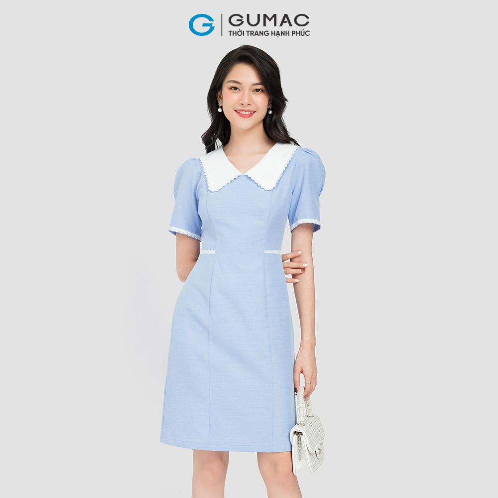 Đầm form A GUMAC DC08031 phối cổ chạy ren chỉ