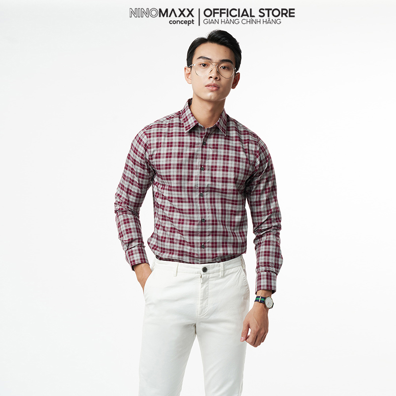 N&amp;M Áo sơ mi caro Nam tay dài chất cotton chống nhăn chống ố form slim fit dáng trẻ trung 2110023