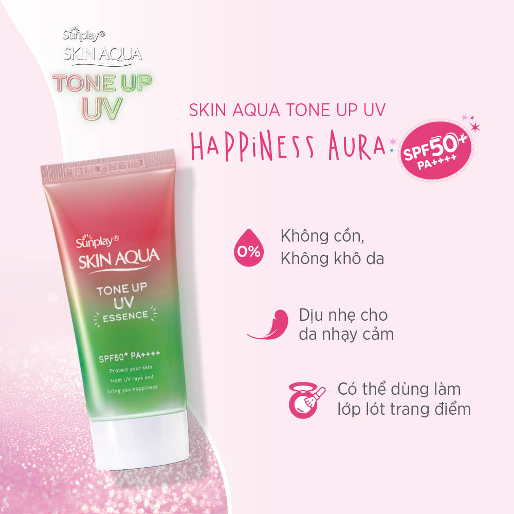 Tinh Chất Chống Nắng Nâng Tông Dành Cho Da Khô/Thường Sunplay Skin Aqua Tone Up UV Essence Happiness Aura (Rose) (Cho Da Sáng Hồng, Khuyết Điểm Xanh) (50g)