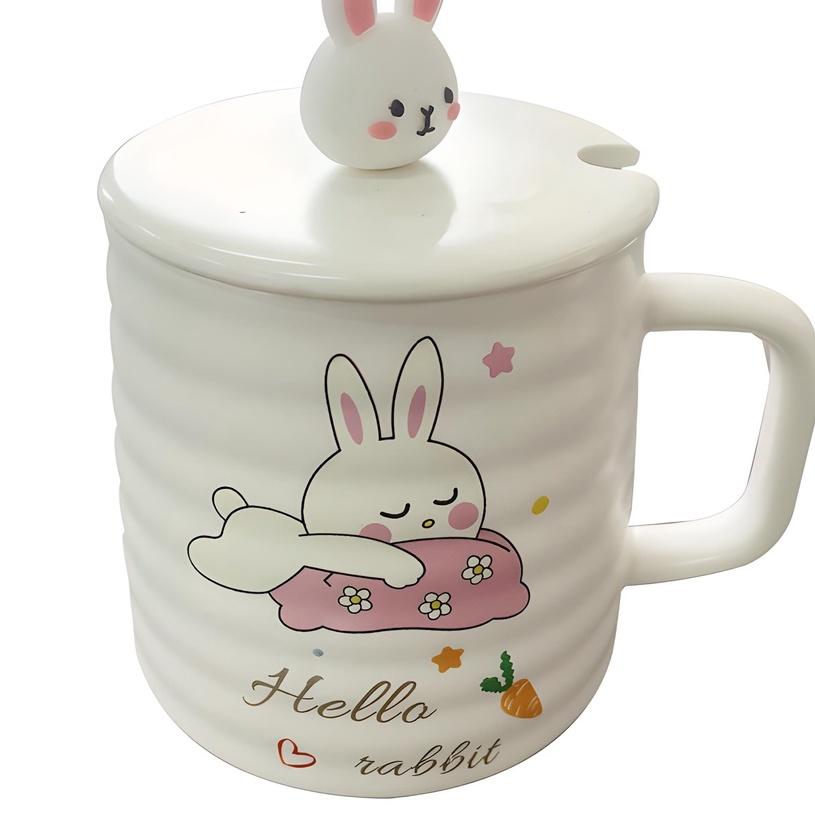 Ly sứ có quai, Ly thuỷ tinh dễ thương, Quà lưu niệm, họa tiết cute, kèm muỗng và nắp hình thỏ 450ml