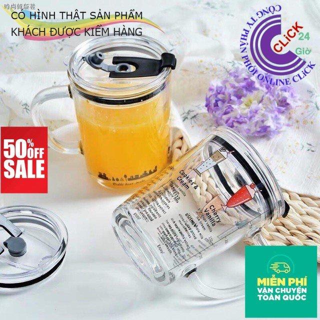 Combo 2 Ly Thủy Tinh Chịu Nhiệt Nóng Lạnh Có Nắp Kèm Ống Hút Dẻo 400ml, Có Vạch Chia Mức Tiện Dụng - Hàng Cao Cấp