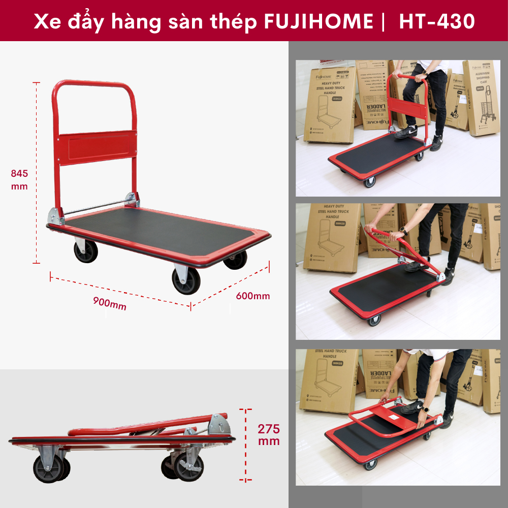 Xe đẩy hàng sàn thép FUJIHOME HT-430 4 bánh tải trọng 300kg, Công nghệ Nhật Bản, xuất xứ chính hãng