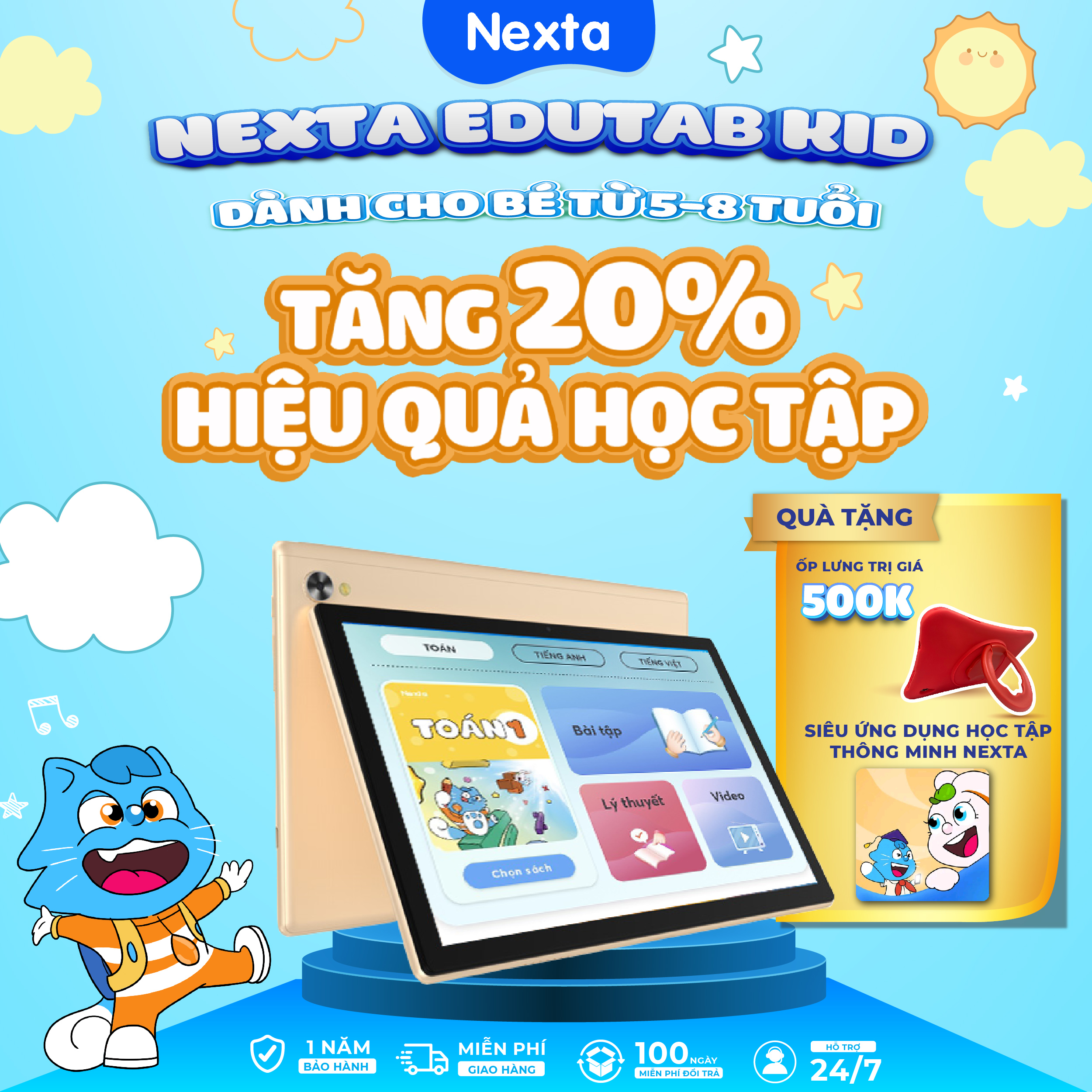 Máy tính bảng học tập giá rẻ Nexta Edutab Kid cho bé từ 5-8 tuổi, màn hình full HD 64GB, bao da, kính dán cường lực, hàng chính hãng