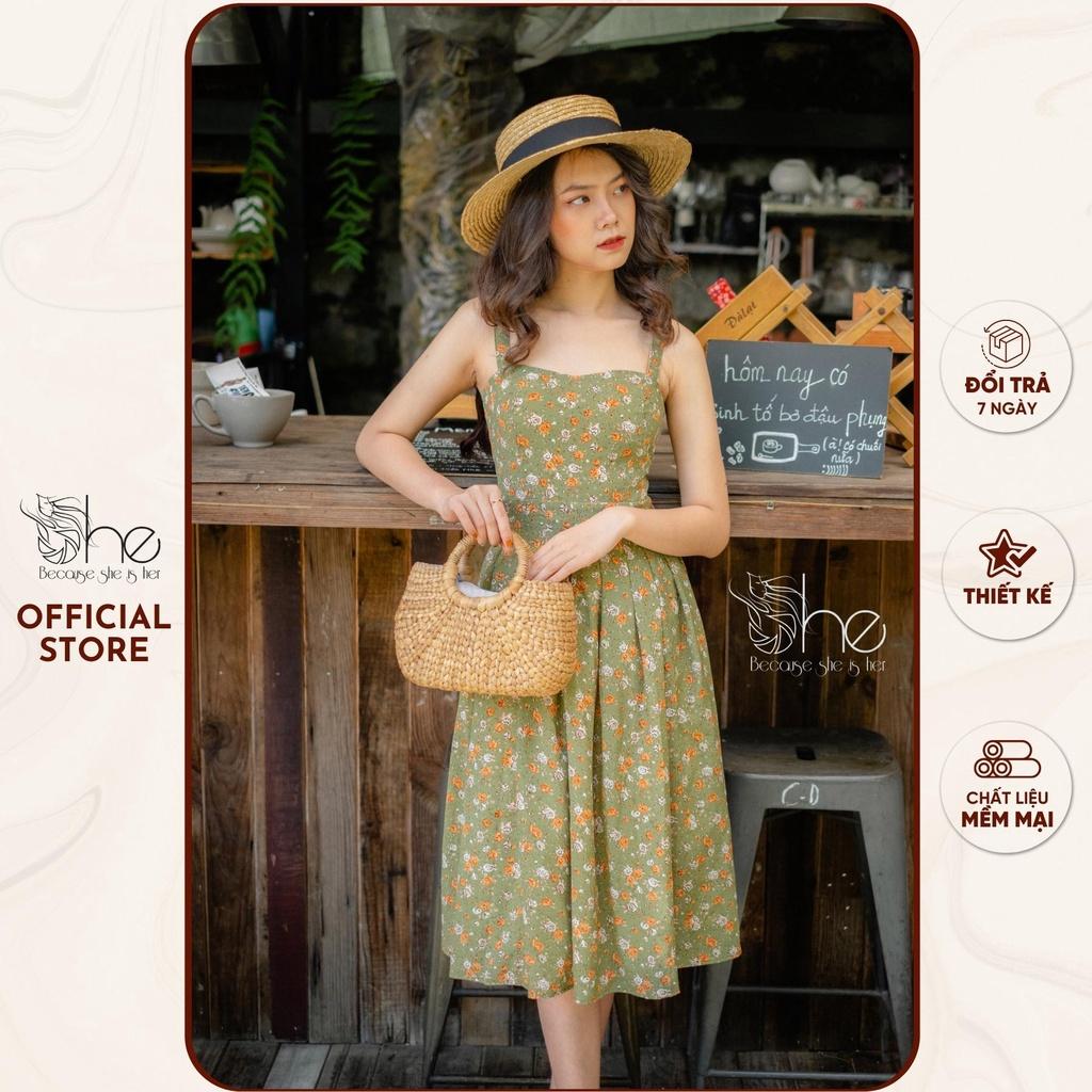 Đầm 2 dây xếp li hoa She, váy 2 dây dáng xòe VINTAGE đi chơi đi biển SDX34