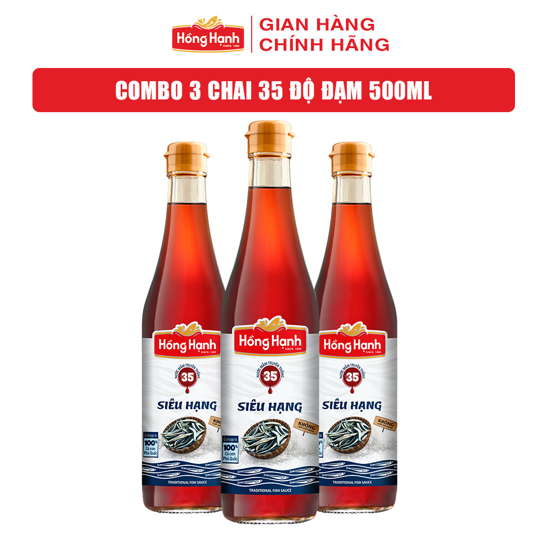 COMBO 3 chai Nước mắm truyền thống Phú Quốc Hồng Hạnh Siêu Hạng 35 độ đạm dung tích 500ML - Chấm, kho đúng điệu.