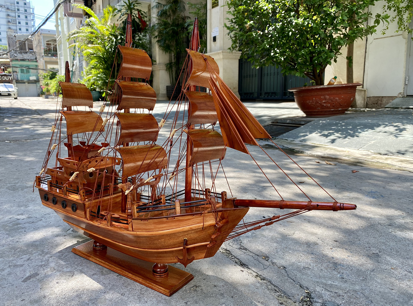 Thuyền buồm gỗ phong thủy Thuyền Thái dài 75cm (gỗ Hương), mô hình con tàu gỗ trang trí, quà tặng khai trương tân gia