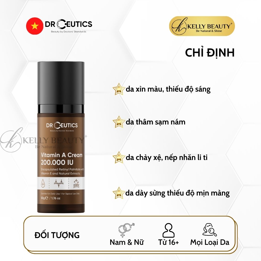 Kem Dưỡng Vitamin A Cream 200.000 IU DrCeutics - Mờ Nếp Nhăn, Căng Mịn; Sáng Da, Mờ Thâm Nám | Kelly Beauty