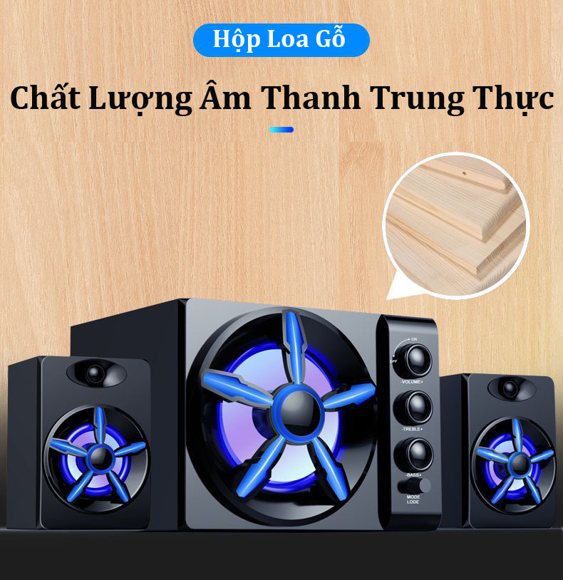 Bộ 3 Loa Vi Tính Để Bàn D-215 Hộp Gỗ, Âm Thanh Siêu Trầm, Hỗ Trợ Bluetooth, USB, Thẻ nhớ, Jack 3.5