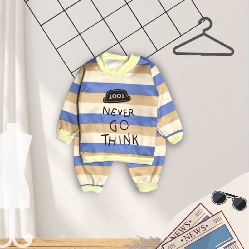 Bộ Nỉ Lông êm ấm cổ tròn tay dài kẻ phối màu Xanh Xám in hình cute cho bé - H3