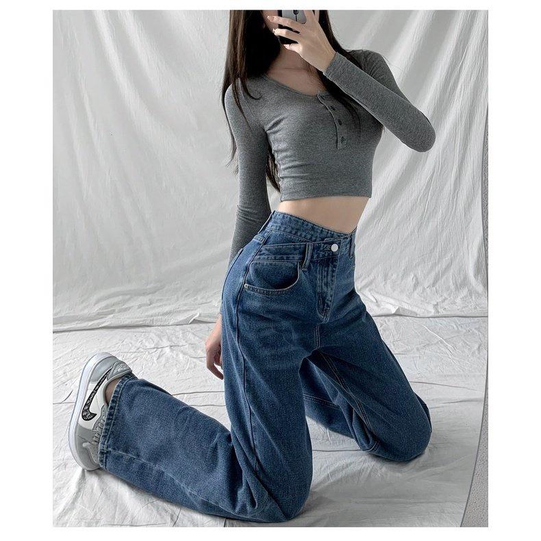 Quần Jeans Nữ Cạp Lệch Ống Rộng Quần Bò Trơn Nữ Cạp Cao 2 Màu Full Size siêu xinh