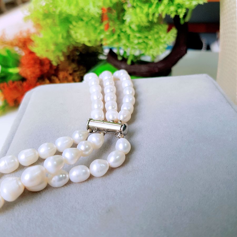Vòng Cổ Ngọc Trai Nước Ngọt Thiên Nhiên Cao Cấp - Chuỗi 3 Hàng Xoài - Trang Sức Cô Tấm - VIGO PEARL - Trắng Cam - CTJ4111