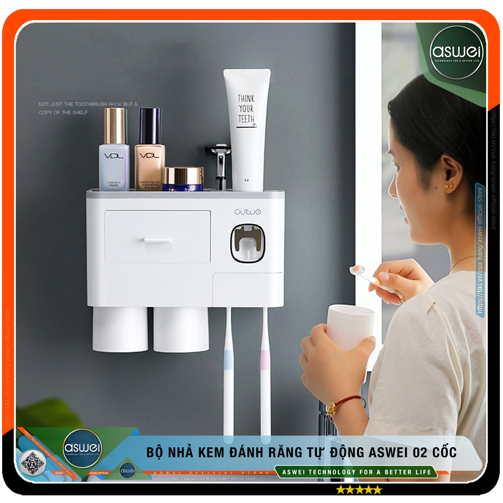 Bộ Nhả Kem Đánh Răng Tự Động ASWEI 2,3,4 Cốc - Chất Liệu Nhựa ABS Cao Cấp - Kệ Để Đồ Nhà Tắm ASWEI Tích Hợp Giá Treo Bàn Chải Đánh Răng Và Cốc - Kệ Nhà Tắm ASWEI - Hàng Chính Hãng
