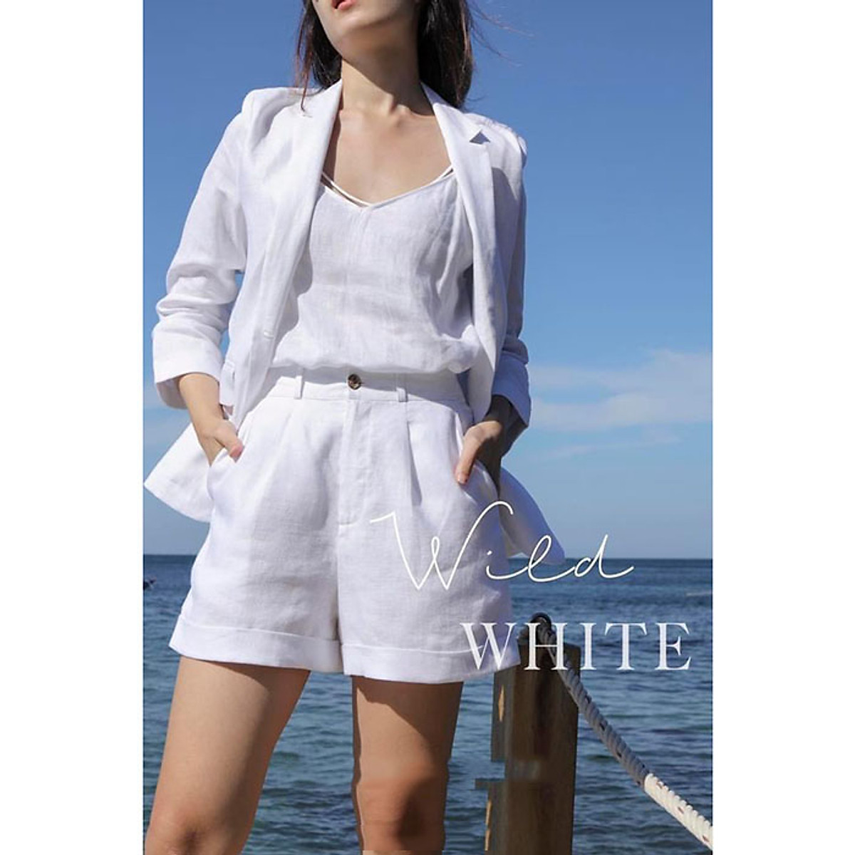 Set bộ 3 món vest blazer Linen ve vuông công sở + Quần short + Áo 2 dây trẻ trung - Trắng