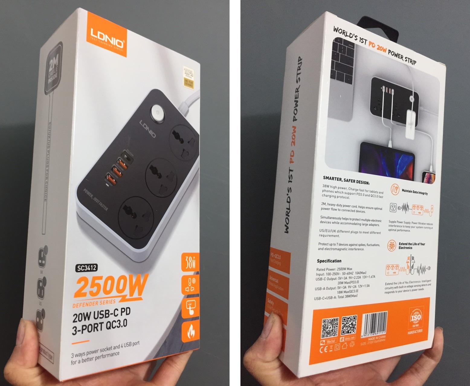Ổ cắm đa năng 2500W hỗ trợ 3 cổng USB QC18W và PD20W LDNIO SC3412 _ hàng chính hãng