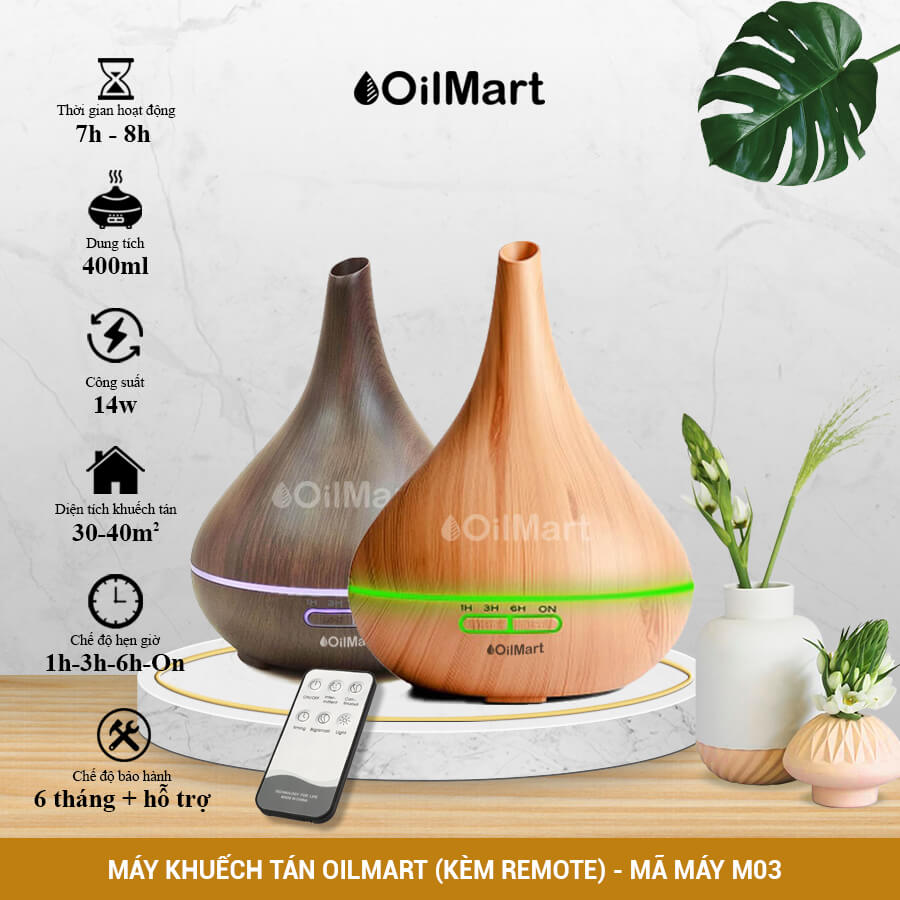 Máy Khuếch Tán Tinh Dầu Oilmart Bầu Rượu - 14W 400ml (Kèm Điều Khiển)