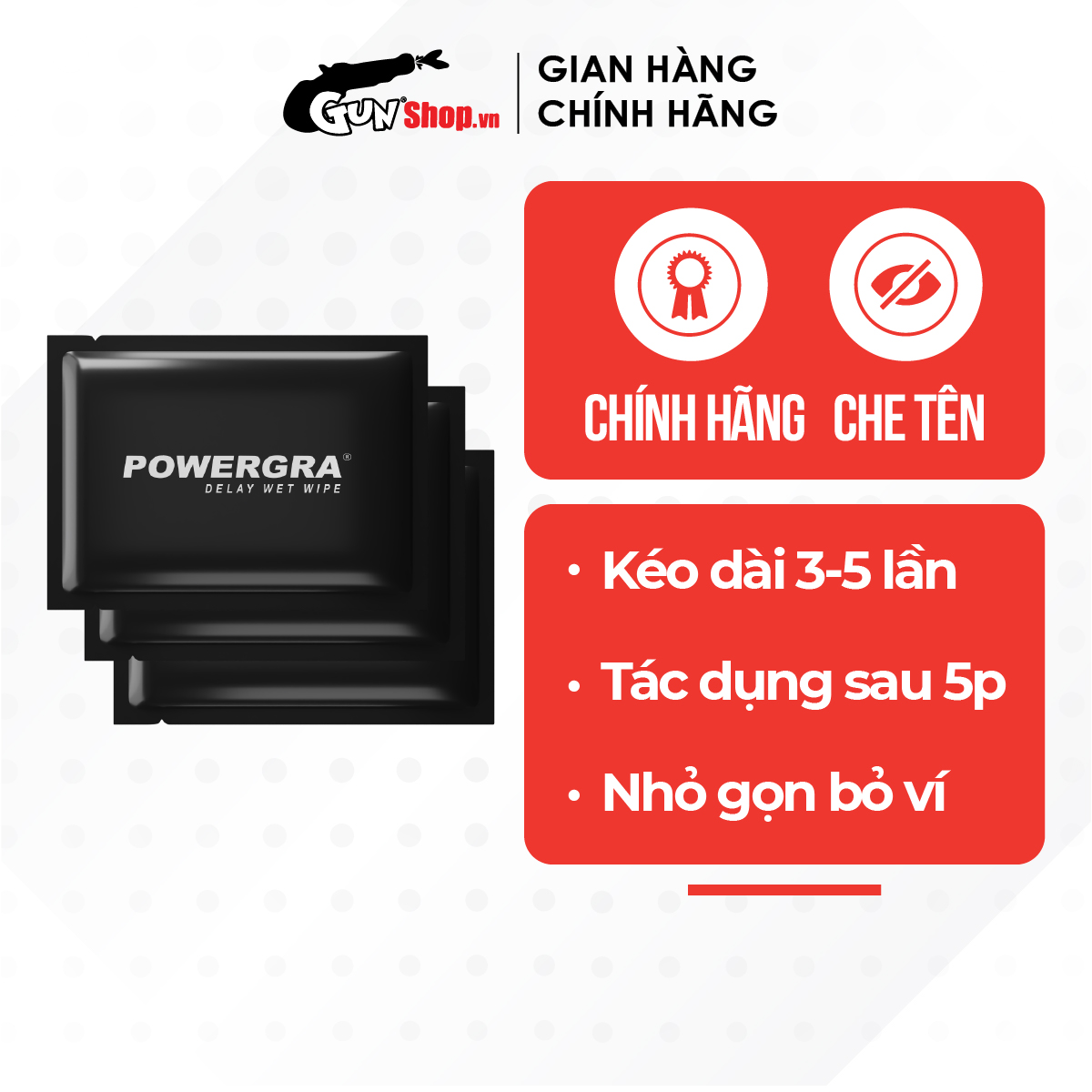 Bộ 3 khăn lau mini đa năng hỗ trợ nam giới Powergra Wet Wipes | GUNSHOP VIỆT NAM