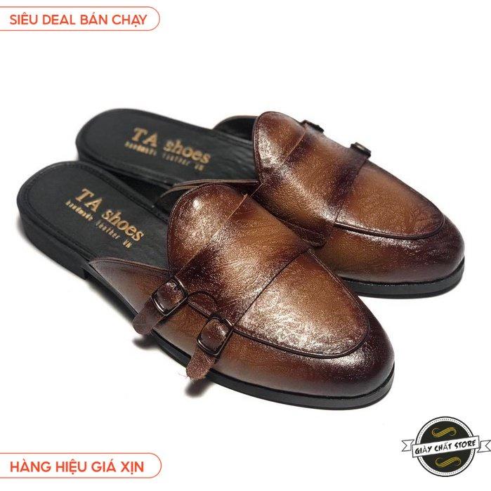 Giày sục nam ERMAND da Pu Pu bảo hành 1 năm kiểu dáng Double Monk Strap Slipper hiện đại - Mã T32 03