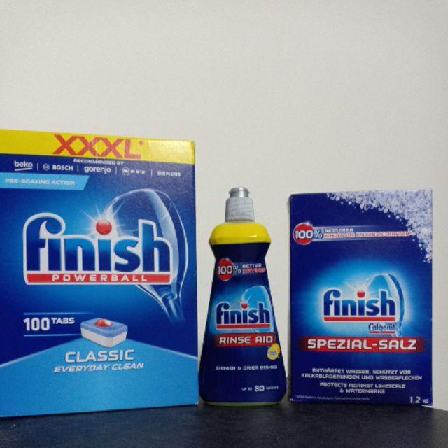 100 viên rửa bát Finish+ chai nước làm bóng Finish 400 ml+ hộp muối rửa bát Finish 1,2kg