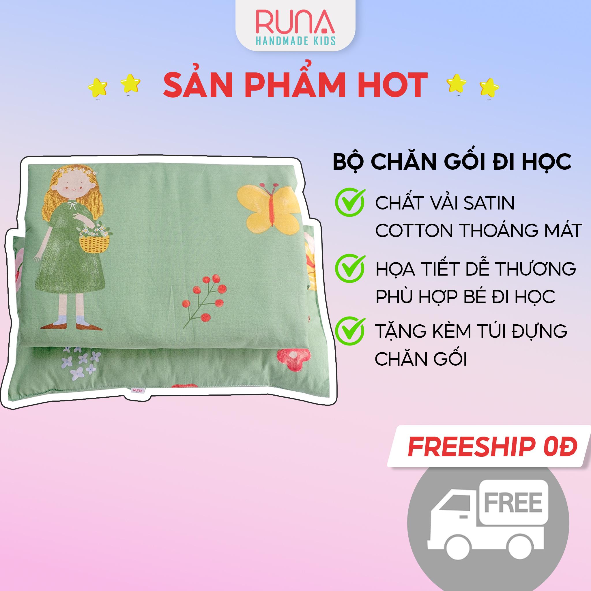 Chăn gối đi học cho bé Tiểu Học Runa Kids chất liệu Satin cotton cao cấp thoáng mát an toàn cho làn da của bé