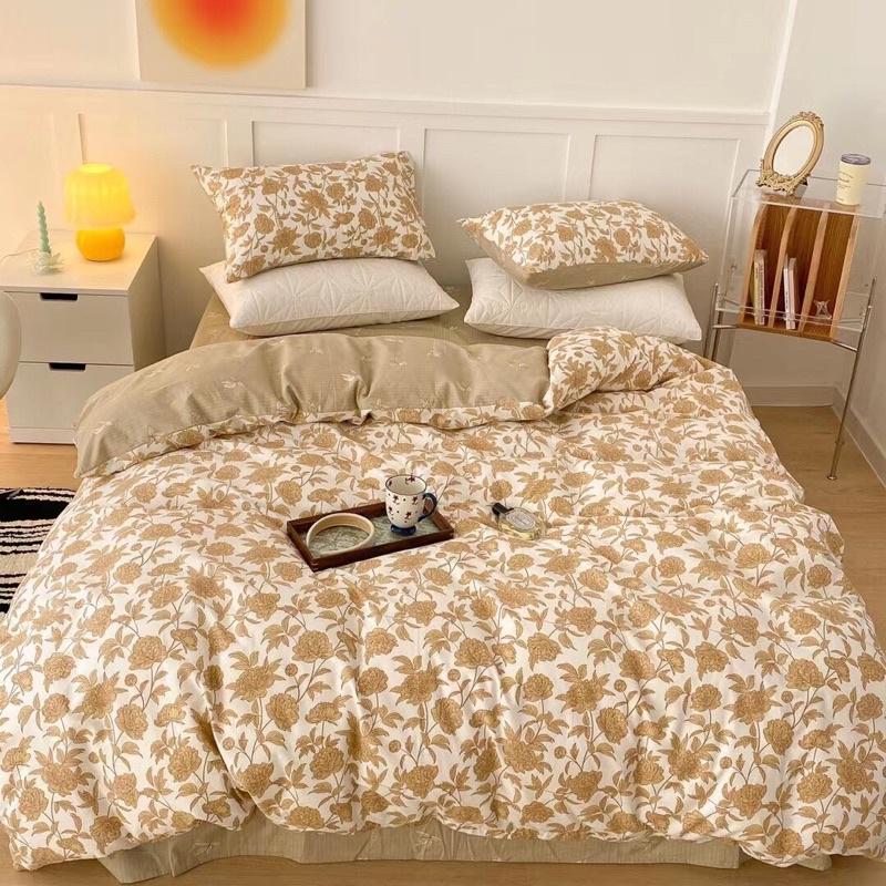 Bộ Chăn Ga Gối Cotton living 100%cotton Hàng Nhập Khẩu Cao Cấp 4 Món Hoa Hồng Vintage