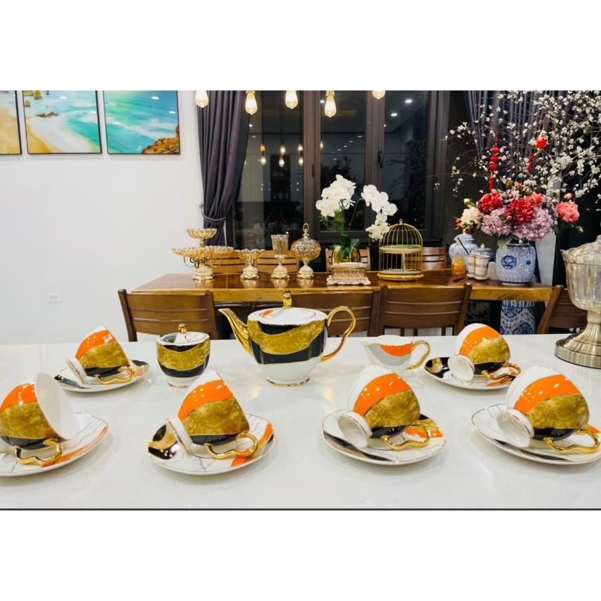 Bộ ấm chén sứ xương viền vàng cao cấp kèm bình đường rót sữa, bộ ấm pha trà kèm giá treo sang trọng.