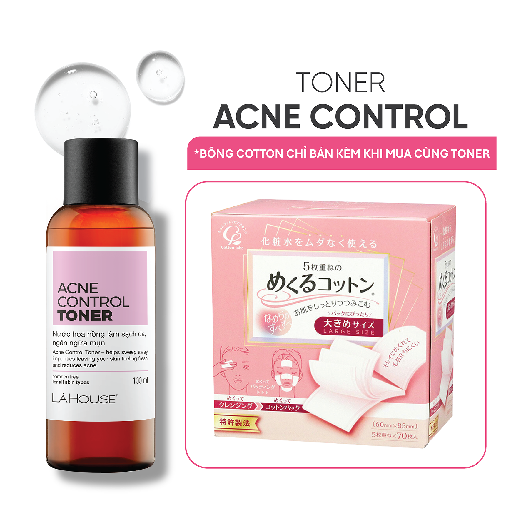 Bộ sản phẩm chăm sóc da LÁ HOUSE gồm Toner giúp ngăn ngừa mụn Acne Control,Bông tẩy trang – Bông  Toner 100ml